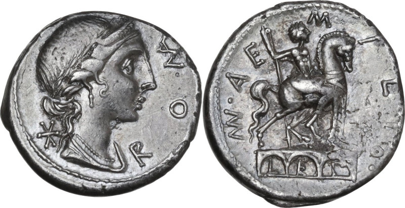 Mn. Aemilius Lepidus. AR Denarius, 114 or 113 BC. Obv. Laureate, diademed and dr...