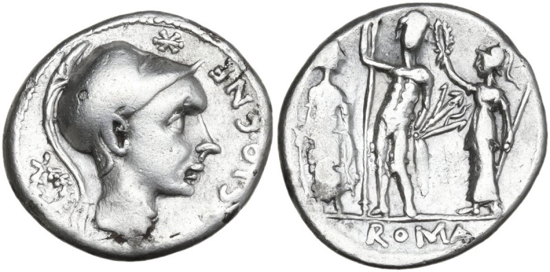 Cn. Blasio Cn.f. AR Denarius, 112-111 BC. Obv. Helmeted head right (Scipio Afric...