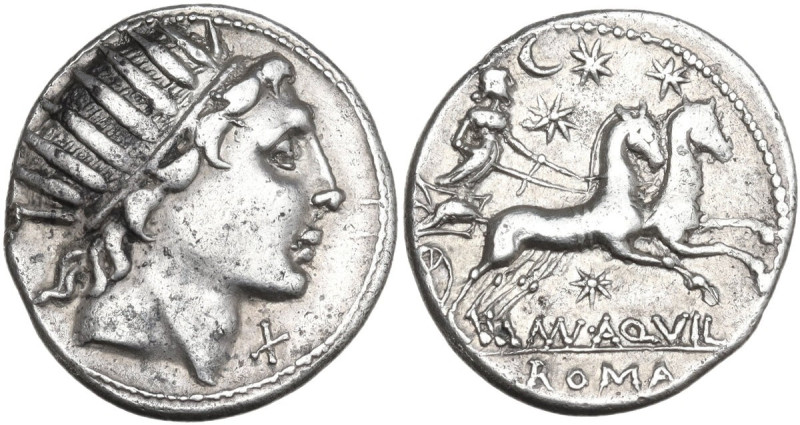 Mn. Aquillius. AR Denarius, 109 or 108 BC. Obv. Radiate head of Sol right; below...