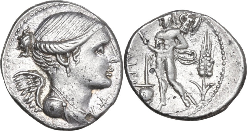 L. Valerius Flaccus. AR Denarius, 108 or 107 BC. Obv. Draped bust of Victory rig...