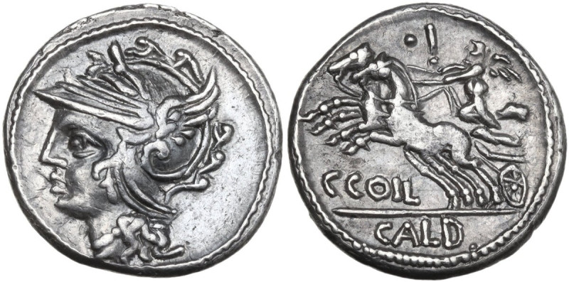 C. Coelius Caldus. AR Denarius, 104 BC. Obv. Helmeted head of Roma left. Rev. Vi...