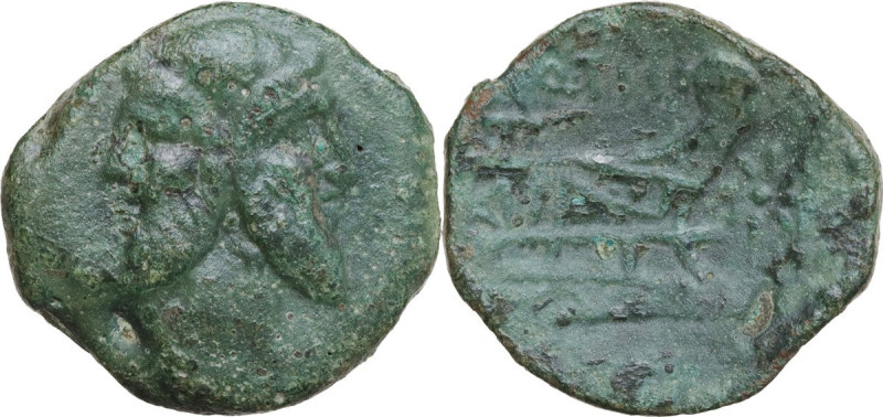 Q. Titius. AE As, 90 BC. Obv. Laureate head of Janus. Rev. Prow right; above, Q....