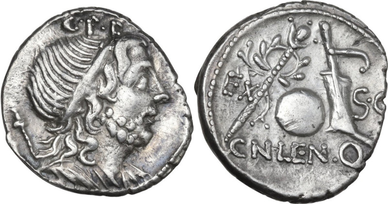 Cn. Lentulus. AR Denarius, uncertain mint, perhaps Spain, 76-75 BC. Obv. Draped ...