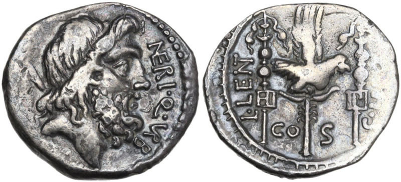 Cn. Nerius. AR Denarius, 49 BC. Obv. Head of Saturn right, with harpa over shoul...