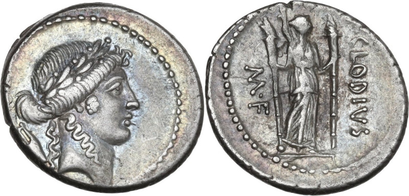 P. Clodius M. f. Turrinus. AR Denarius, 42 BC. Obv. Laureate head of Apollo righ...