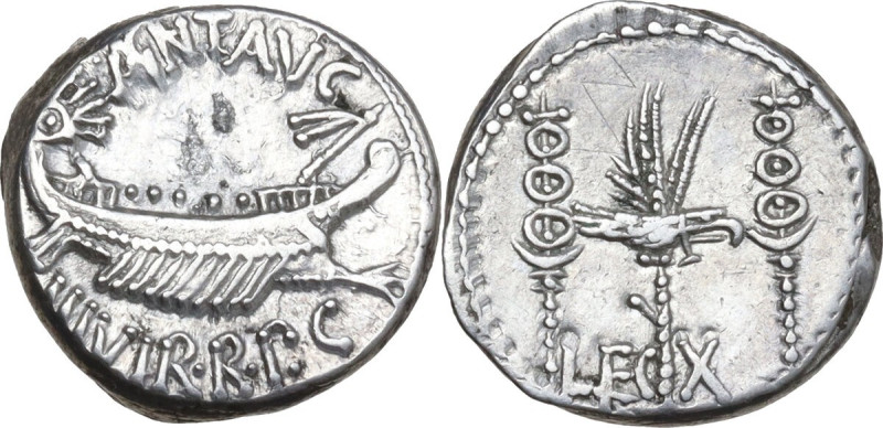 Marcus Antonius. AR Denarius, 32-31 BC, mint moving with M. Antony. Obv. ANT. AV...