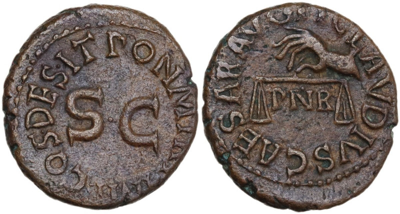 Claudius (41-54). AE Quadrans, 41 AD. Obv. TI CLAVDIVS CAESAR AVG. Hand to left ...