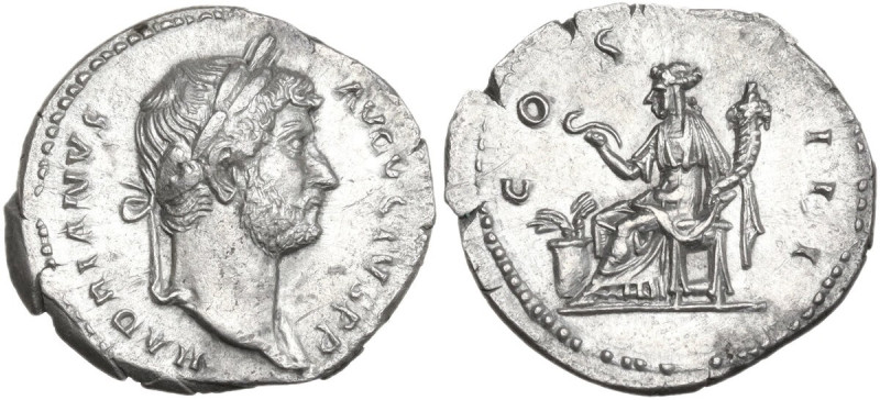 Hadrian (117-138). AR Denarius, 134-138 AD. Obv. HADRIANVS AVGVSTVS PP. Laureate...