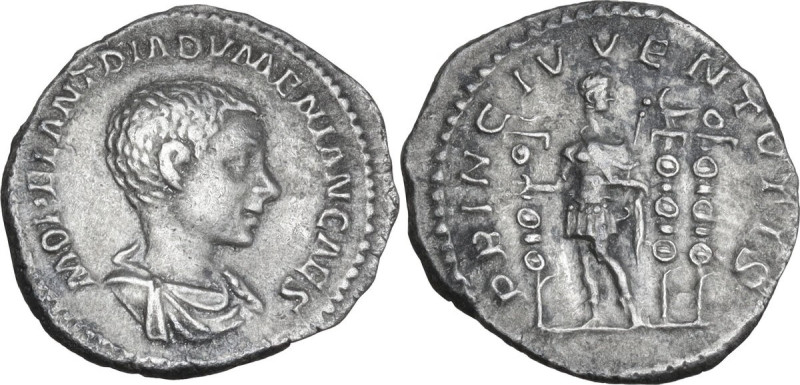 Diadumenian (218 AD). AR Denarius. Obv. M OPEL ANT DIADVMENIAN CAES. Bare-headed...