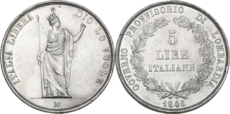 Milano. Governo Provvisiorio di Lombardia (1848). 5 lire italiane 1848. CNI 3; C...