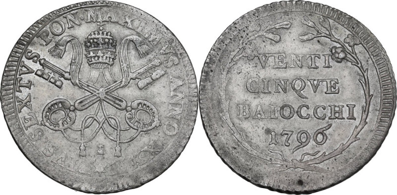 Roma. Pio VI (1775-1799), Giovanni Angelo Braschi. 25 baiocchi ridotti 1796 A. X...