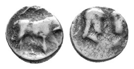 Caria, Uncertain. AR Hemiobol, 420-350 BC. Bare female and male (or female) heads facing one another / Bull standing right within incuse circle. 7mm, ...