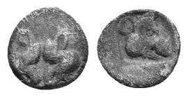 Lesbos, uncertain mint BI 1/36 Stater. Circa 500-450 BC. Confronted boar's heads / Boar's head to right within square incuse. 7mm, 0,26g