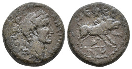 Ionia, Ephesus, Antoninus Pius. 138-161 AD. Obv: ΚΑΙ ΑΝΤΩΝƐΙΝΟϹ. Laureate head of Antoninus Pius, right. Rev: ƐΦƐϹΙΩΝ. Boar running, right; pierced by...