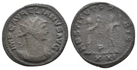Aurelian 270-275 AD. Antoninianus. Tripolis. Obv: IMP C AVRELIANVS AVG. Radiate and cuirassed bust right. Rev: RESTITVT ORBIS / P / XXI. Oriens standi...