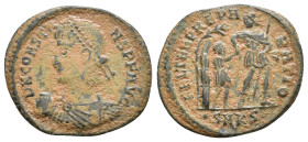 Constans. 337-350 AD. AE Centenionalis Cyzicus mint, struck 348-350 AD. D N CONSTANS P F AVG, pearl-diademed, draped, and cuirassed bust left, holding...