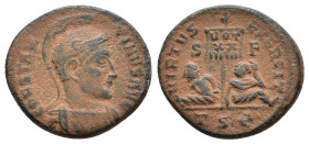 Constantine I. 307/10-337 AD. Thessalonica. Helmeted and cuirassed bust right. / Two captives seated between banner with VOT/XX; S-F, ·TS·Є· in exergu...