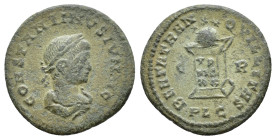 Constantine II. Caesar, 316-337 AD. Æ Follis. Lugdunum, 321 AD. Laureate, draped and cuirassed bust r., seen from behind. R/ Globe set on altar inscri...