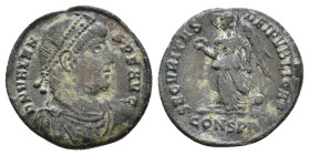 Valens. Nummus. 364-367 AD. Pearl-diademed, draped and cuirassed bust right. / Victory advancing right holding wreath and palm; (branch) CONSP in exer...