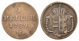 Josef II. 1780 - 1790 Heller 1789 H Günzburg AE 15mm, 0,90g