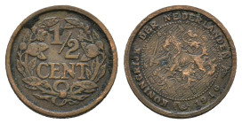 NETHERLANDS. Wilhelmina, 1890-1948, 1916 ½ cent, AE 14mm, 1,25g