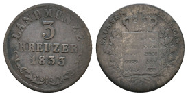GERMANY. Saxe-Meiningen. Bernhard II 1803-1866. 3 Kreuzer 1833 17mm, 1,24g