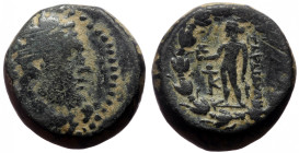 Bronze Æ
Lydia, Sardeis, Laureate head of Herakles right within dotted border / Apollo standing left, holding bird and olive branch
15 mm, 6,19 g