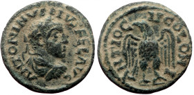 Bronze Æ
Antioch, Pisidia. Elagabalus, AD 218-222
ANTONINVS PIVS FEL AVG. Laureate, draped bust right.
ANTIOCH COLONI, Eagle standing facing, head ...