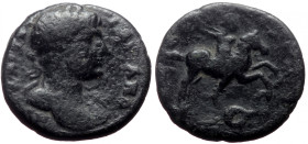Bronze Æ
Hadrian. Baris, Pisidia, AD 117-138, Laureate head r., with drapery on l. shoulder / Emperor in military dress on horseback, galloping r., s...