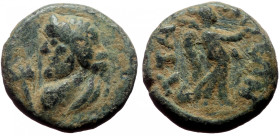 Bronze Æ
Attaleia, Pamphylia, c. AD 138-192

Draped bust of Poseidon l., dolphin-entwined trident to left /
ATTAΛEΩN. Nike walking r., holding wre...