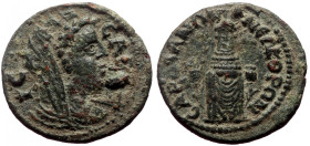 Bronze Æ
Lydia, Sardes,
3rd century AD
CAΡΔIC, Turreted and veiled head of Tyche r.
CAΡΔIANΩN B NEΩKOΡΩN, Statue of Artemis, facing, between ear o...