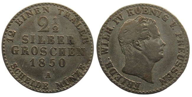 2 ½ Groschen AR
1850 A, Silbergroschen
Friedrich Wilhelm IV
21 mm, 3,24 g
KM...