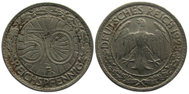 50 Pfennig Ni
Germany, Reichspfennig 1928 F
20 mm, 3,51 g
KM# 40