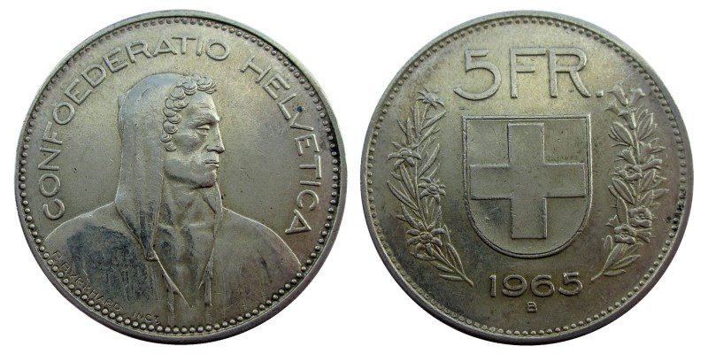 5 Francs AR
Switzerland, 1965
Silver 835/1000
31 mm, 15 g
KM# 40