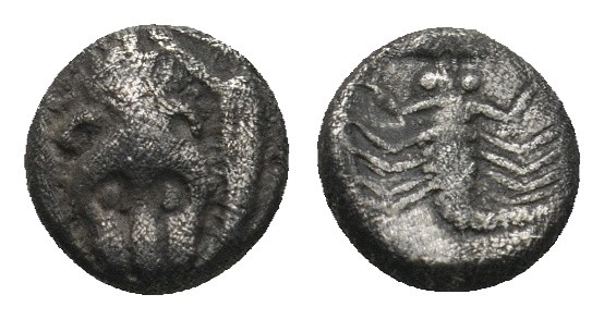 CARIA. Mylasa. Hemiobol (Circa 450-400 BC).

Obv: Forepart of lion facing.
Rev: ...