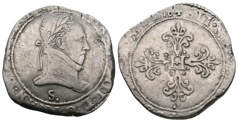 FRANCE. Henri III (1574-1589). Franc au col plat (1578-9). Rennes.

Obv: HENRICV...