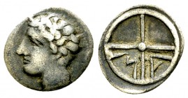Massalia AR Obol, c. 220-221 BC 

Gaul, Massalia. AR Obol (10-11 mm, 0.68 g), c. 220-121 BC.
Obv. Bare head of Apollo to left.
Rev. Wheel with fou...
