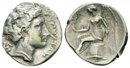Terina AR Drachm, c. 300 BC 

Bruttium, Terina. AR Drachm (15-17 mm, 2.04 g), c. 300 BC.
Obv. TEPINAIΩN, head of the nymph Terina facing right, wea...