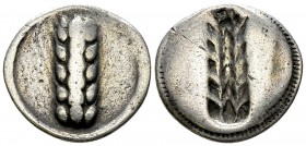 Metapontum AR Nomos, c. 470-430 BC 

Lucania, Metapontum. AR Nomos (23-24 mm, 7.29 g), c. 470-440 BC.
Obv. [META], barley-ear.
Rev. Barley-ear inc...