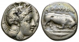 Thurium AR Nomos, c. 400-350 BC 

Thurium, Lucania. AR Nomos (20-21 mm, 7.91 g), c. 400-350 BC. 
Obv. Head of Athena right, wearing Attic helmet de...
