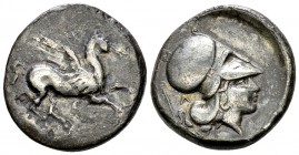 Leucas AR Stater, c. 300 BC 

Leucas, Acarnania. AR Stater (21 mm, 8.00 g), c. 300 BC.
Obv. Pegasos flying to right, Λ below.
Rev. Head of Athena ...
