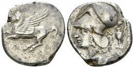 Leucas AR Stater, c. 300 BC 

Acarnania, Leucas. AR Stater (20-22 mm, 8.36 g), c. 300 BC.
Obv. Pegasos flying left, Λ below.
Rev. Head of Athena l...