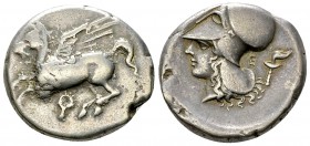 Corinth AR Stater, c. 375-300 BC 

Corinthia, Corinth. AR Stater (19-21 mm, 8.43 g), c. 375-300 BC. 
Obv. Pegasos flying left; koppa below. 
Rev. ...