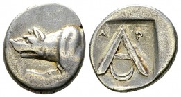 Argos AR Triobol, c. 330-270 BC 

Argolis, Argos. AR Triobol (13-15 mm, 2.72 g), c. 330-270 BC.
Obv. Forepart of wolf to left.
Rev. Large A in sha...