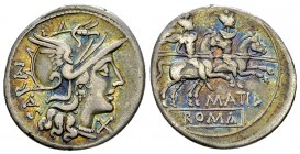 M. Atilius Saranus AR Denarius, 148 BC 

M. Atilius Saranus. AR Denarius (19-20 mm, 3.81 g), Rome, 148 BC.
Obv. Helmeted head of Roma to right, beh...