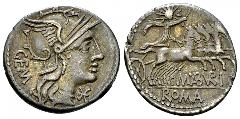 M. Aburius M. f. Geminus AR Denarius, 132 BC 

M. Aburius M. f. Geminus. AR De...