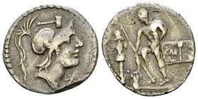 C. Malleolus AR Denarius, c. 90 BC 

C. Malleolus. AR&nbsp; Denarius (18-19 mm, 3.61 g), Rome, c. 90 BC.
Obv. Helmeted head of Mars to right; above...