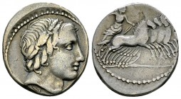 Anonymous AR Denarius, 86 BC 

Anonymous. AR Denarius (17-19 mm, 3.58 g), Rome, 86 BC.
Obv. Laureate head of Apollo to right; below neck truncation...