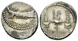 Marcus Antonius AR Denarius, LEG VII, 32/31 BC 

 Marcus Antonius. AR Denarius (17-18 mm, 3.66 g), Patrae (?), 32/31 BC. 
 Obv. ANT AVG / IIIVIR R ...