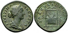 Faustina II AE Sestertius 

Faustina II. AE Sestertius (33 mm, 27.03 g), Rome.
Obv. FAVSTINA AVGVSTA, Draped bust to right.
Rev. SAECVLI FELICIT /...